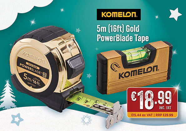 Komelon Limited Edition 5m Gold PowerBlade II Tape with Gold Mini Level